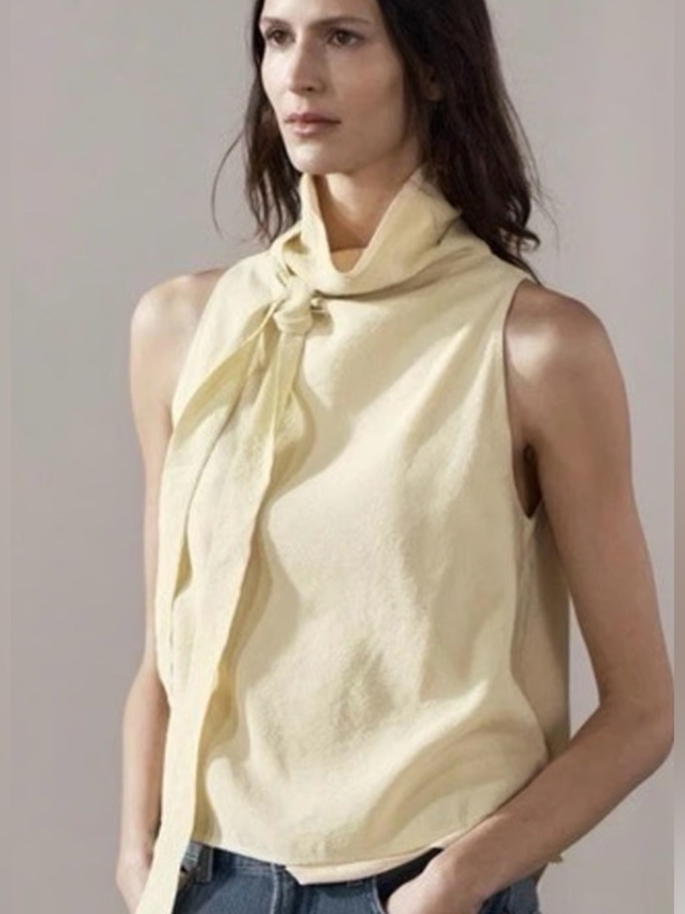 Zara Mock Neck Top in Pale Yellow and Blush Lightweight Knit Size M